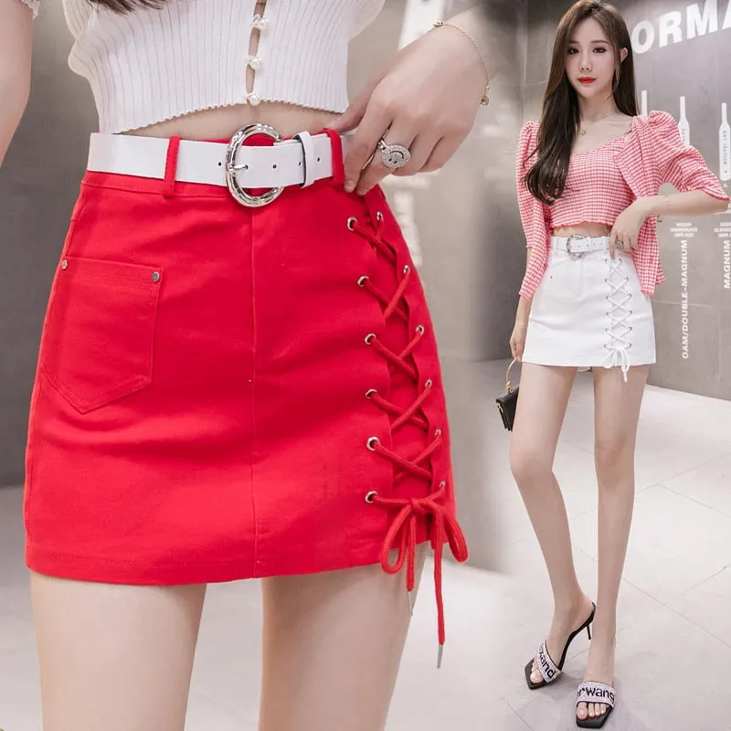 Bandage Women Denim Skirt Summer High Waist Chic Belt Jean Mini Skirt