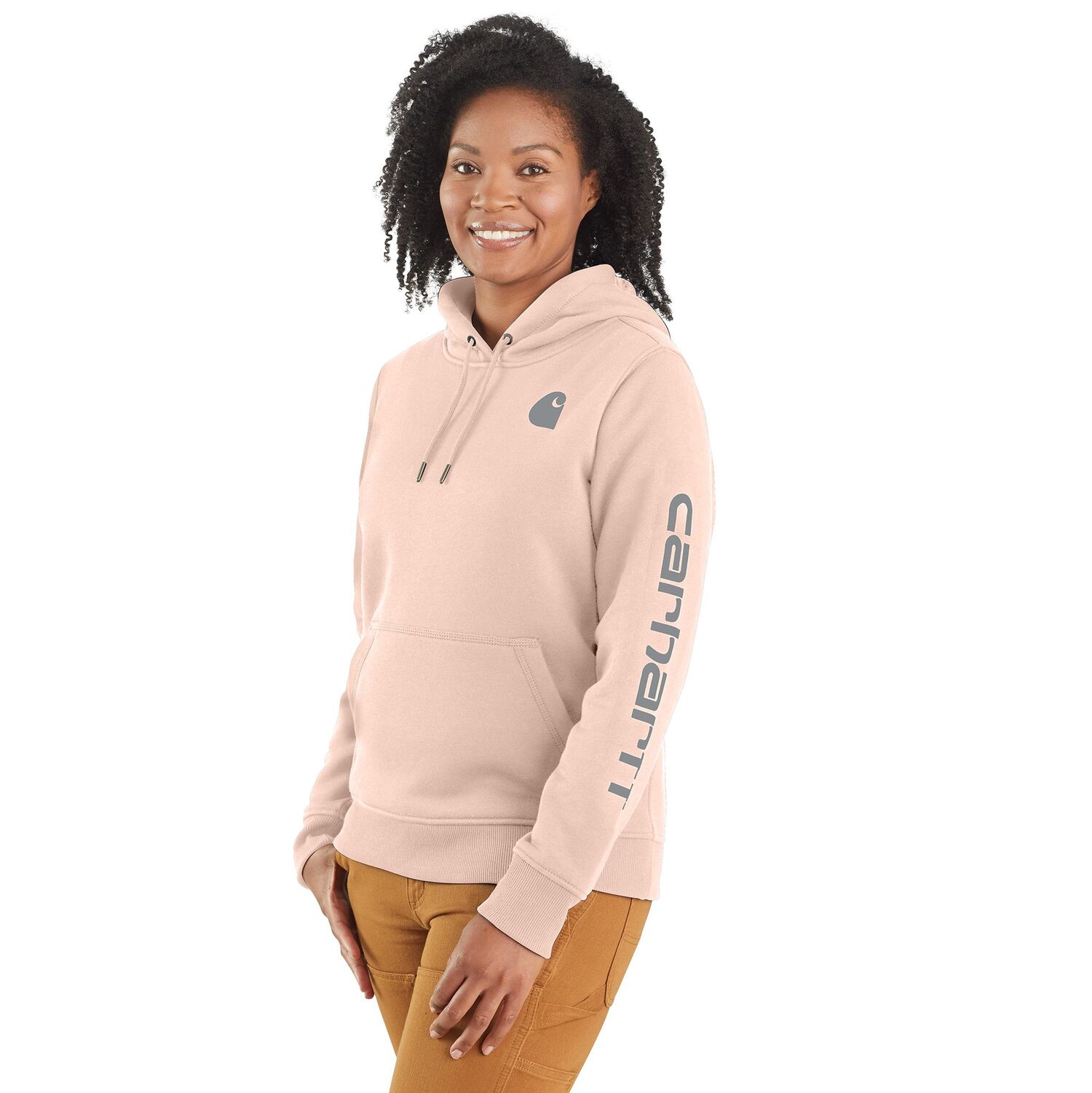 Carhartt Women's Relaxed Fit Midweight Logo Sleeve Graphic Hoodie in Georgia Peach