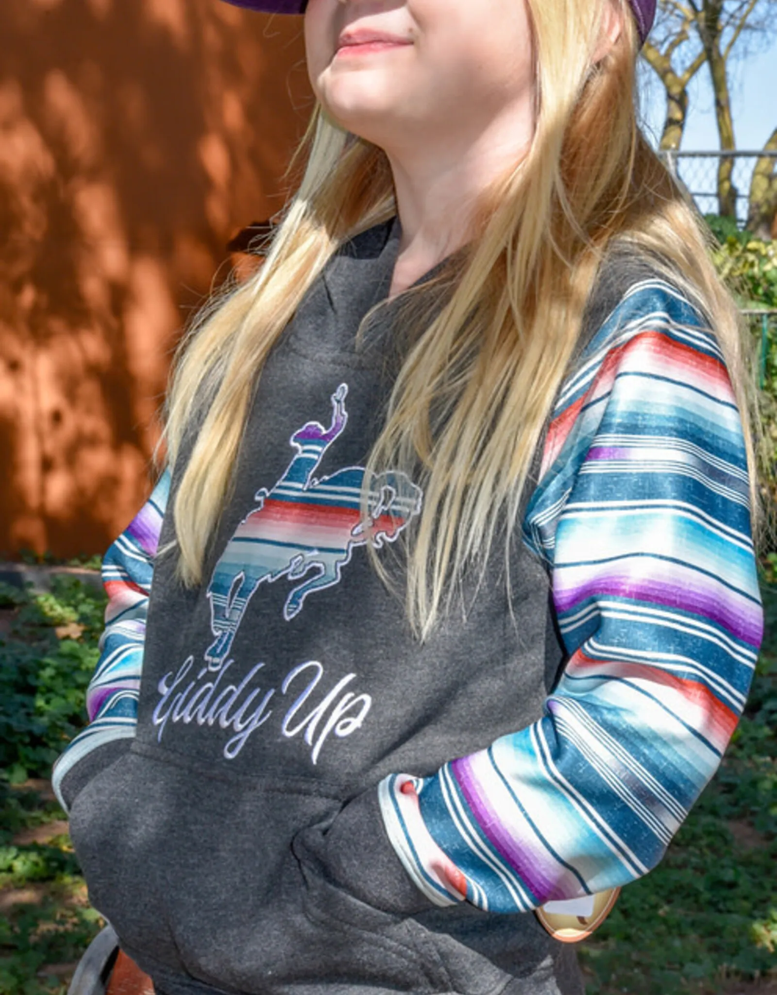 Cowgirl Hardware Girls Giddy up Serape Sleeve Pullover Hoodie