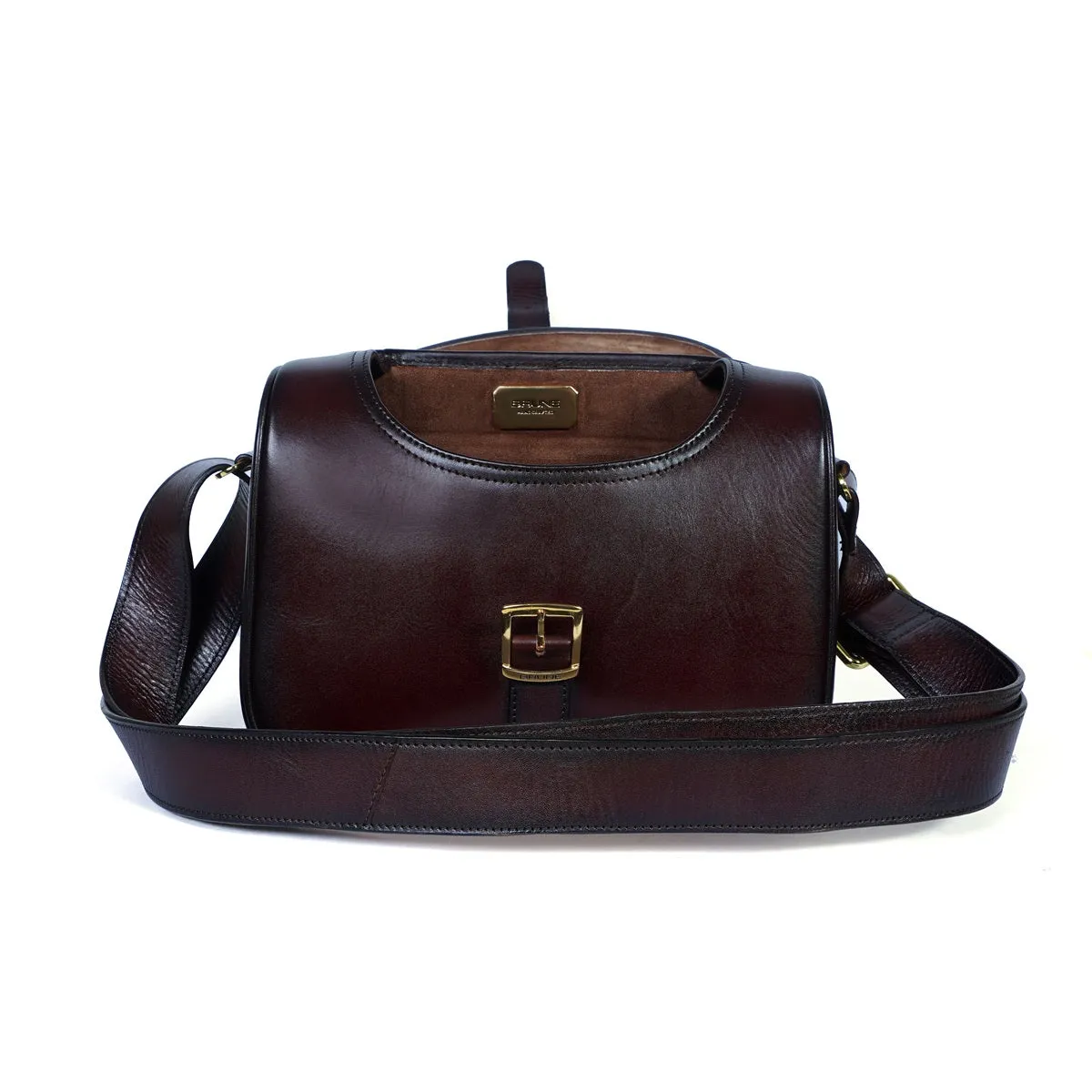 Dark Brown Leather Sling Bag with Adjustable Buckle