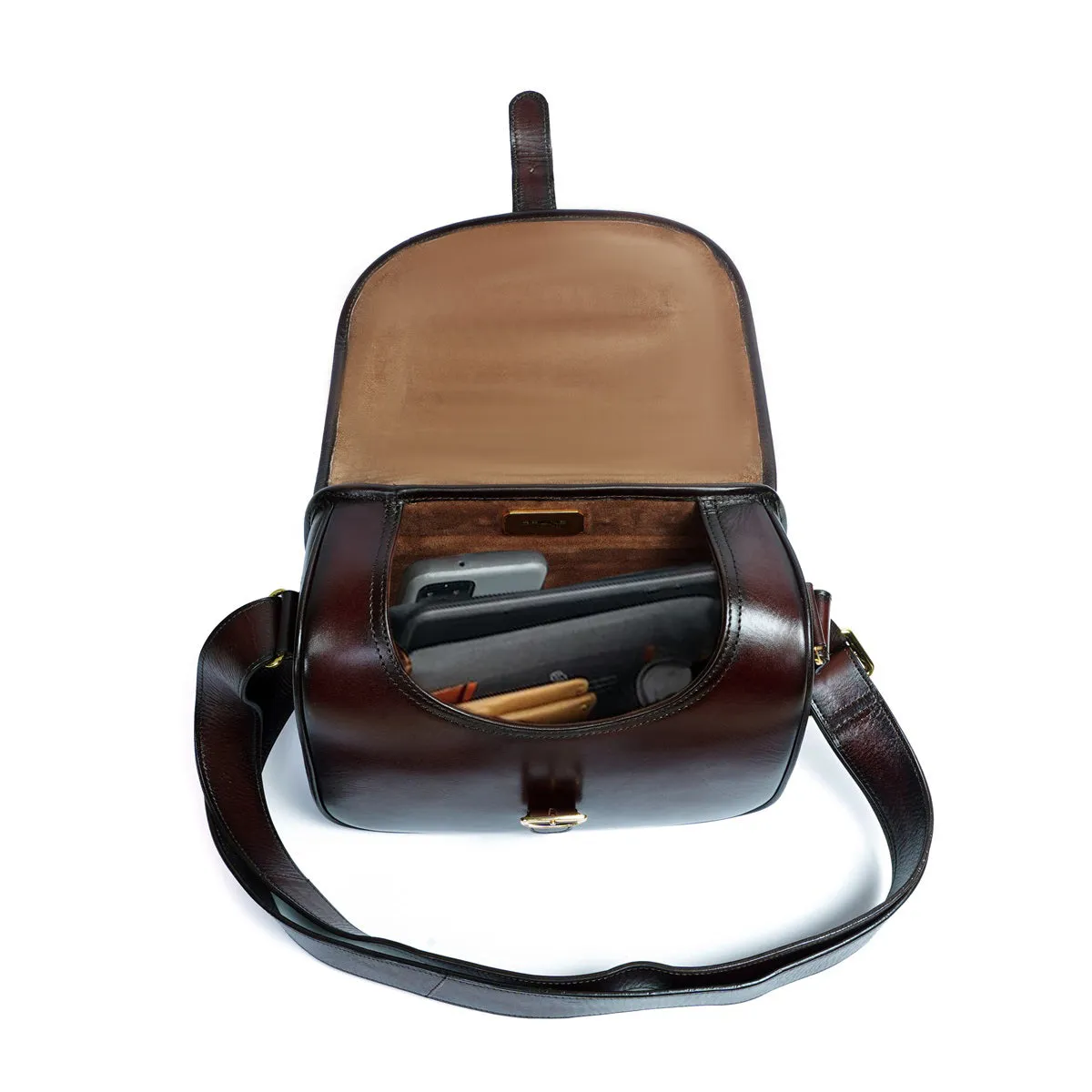 Dark Brown Leather Sling Bag with Adjustable Buckle