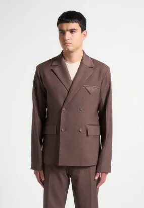 Double Breasted Twill Suit Jacket - Brown