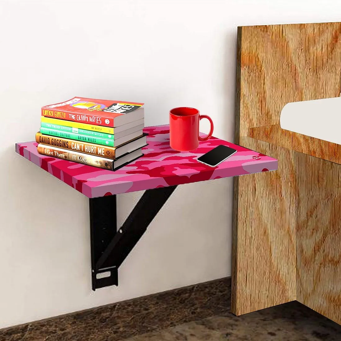 Folding Wall Mount Bedside Table - Army Camouflage Pink