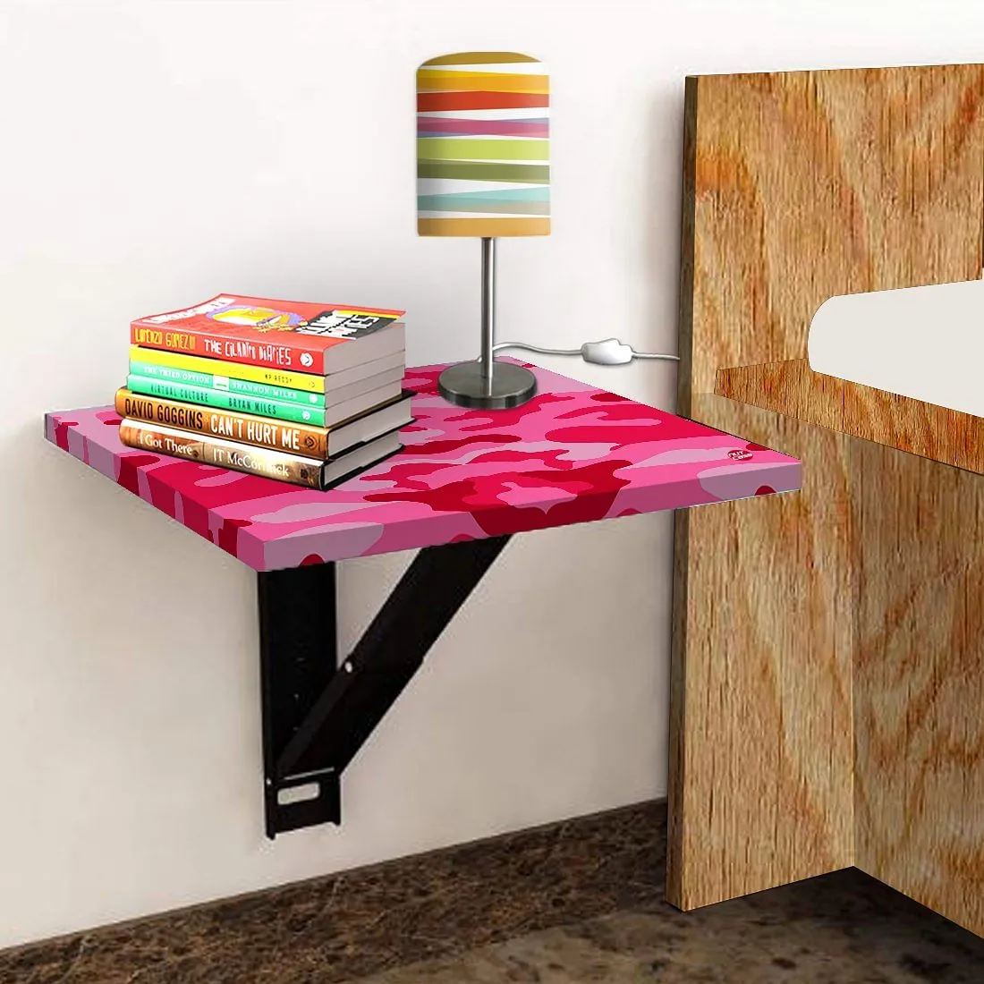 Folding Wall Mount Bedside Table - Army Camouflage Pink