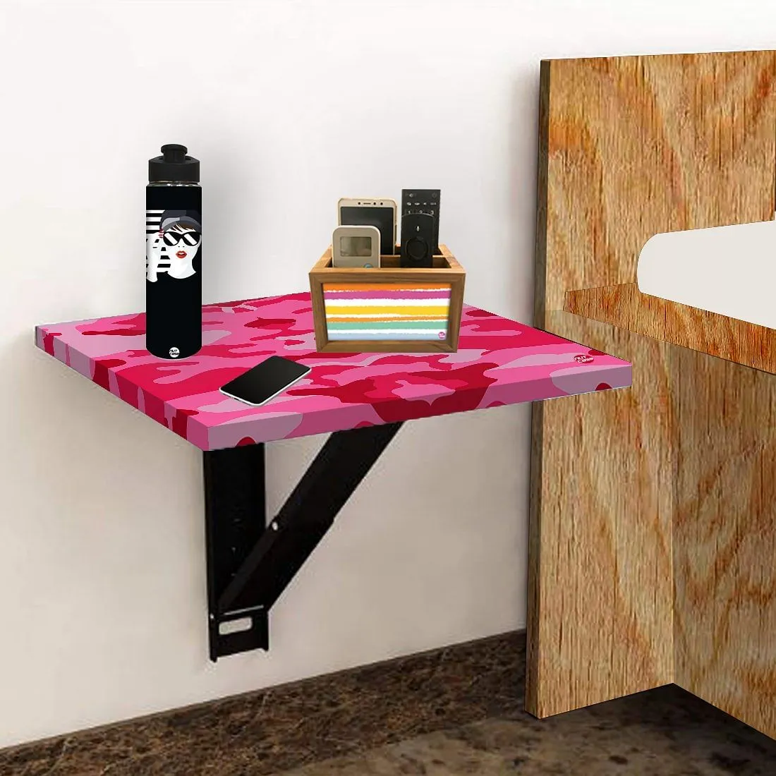 Folding Wall Mount Bedside Table - Army Camouflage Pink