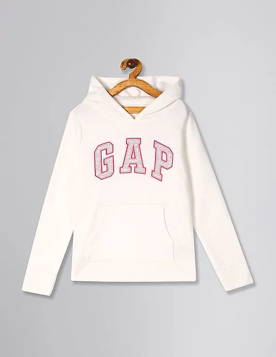 GAP Girls White Logo Hoodie Sweatshirt In Fleece