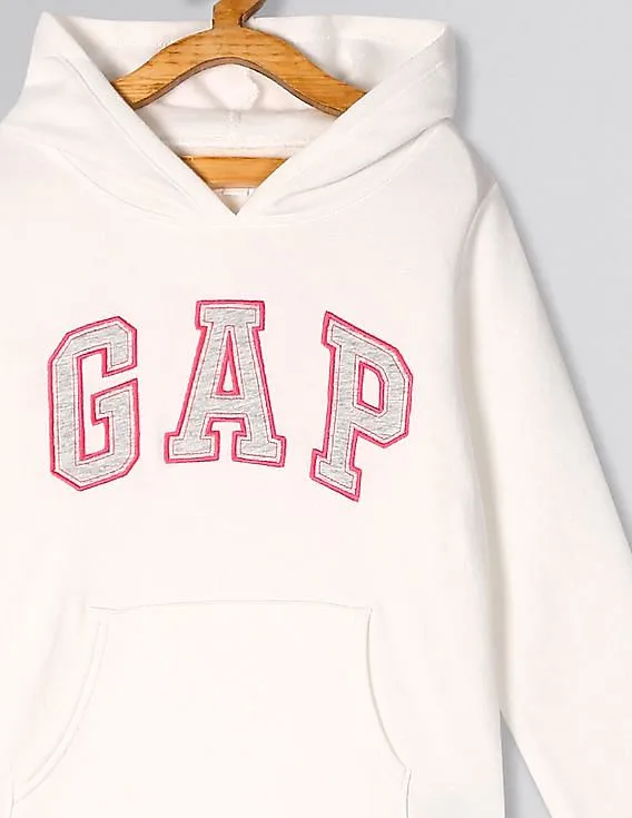 GAP Girls White Logo Hoodie Sweatshirt In Fleece