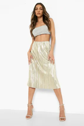 Glitter Plisse Skater Midi Skirt