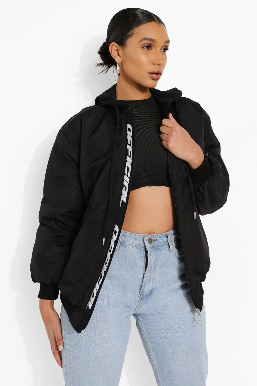 Hooded Official Tape Oversized Bomber Jacket