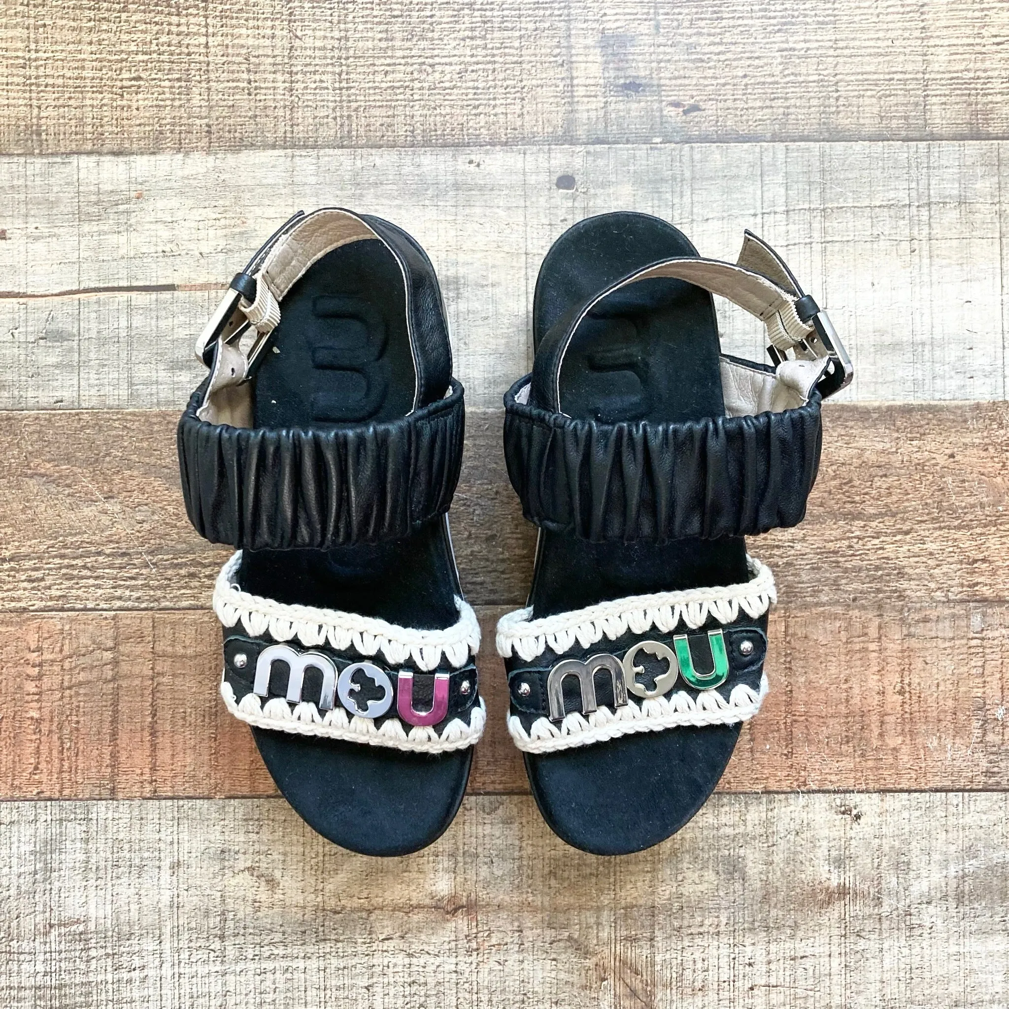 MOU BLACK WITH METAL LOGO EVA WEDGE SANDALS- SIZE 36 ( ONLINE)