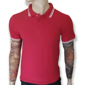 Red polo shirt with white stripes