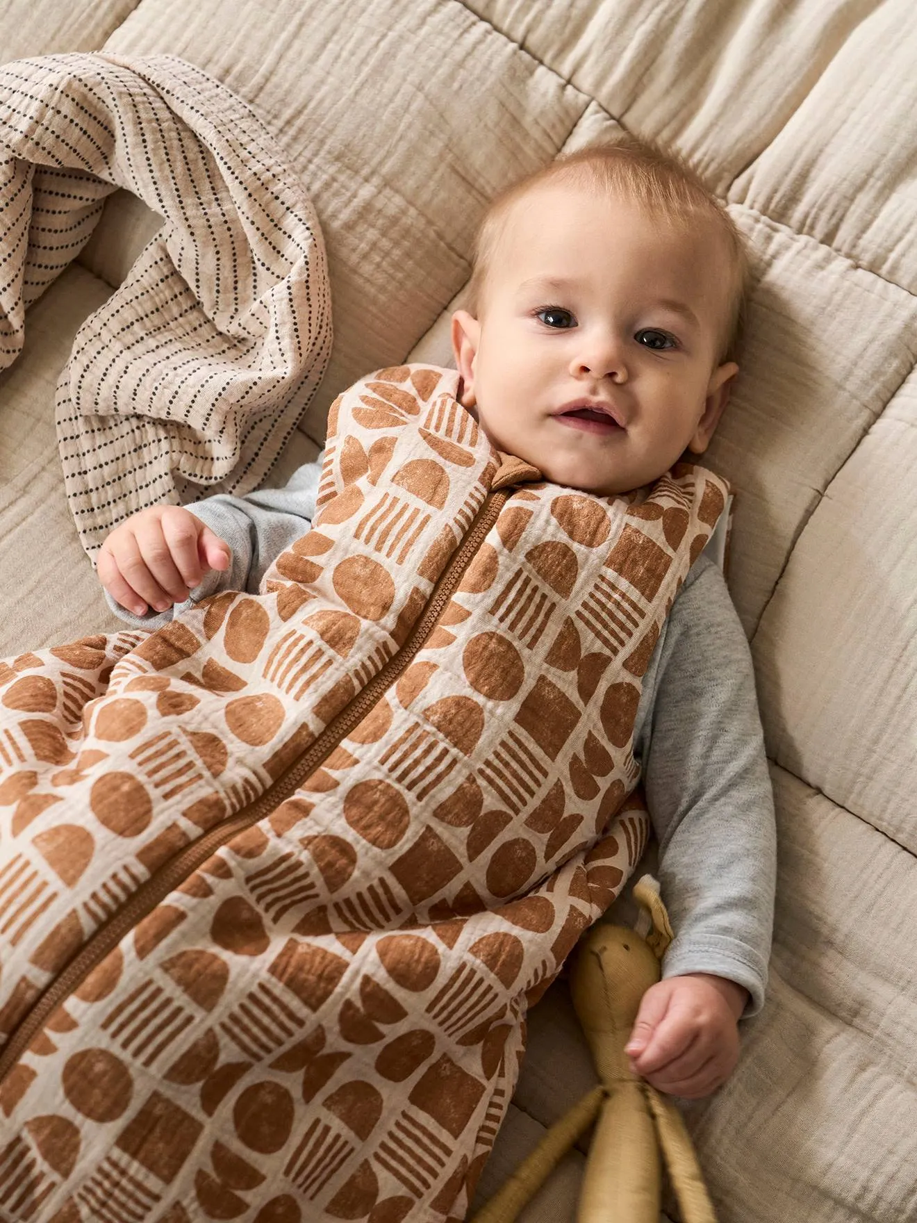 Reversible Sleeveless Baby Sleeping Bag with Central Opening, Ethnic - printed beige