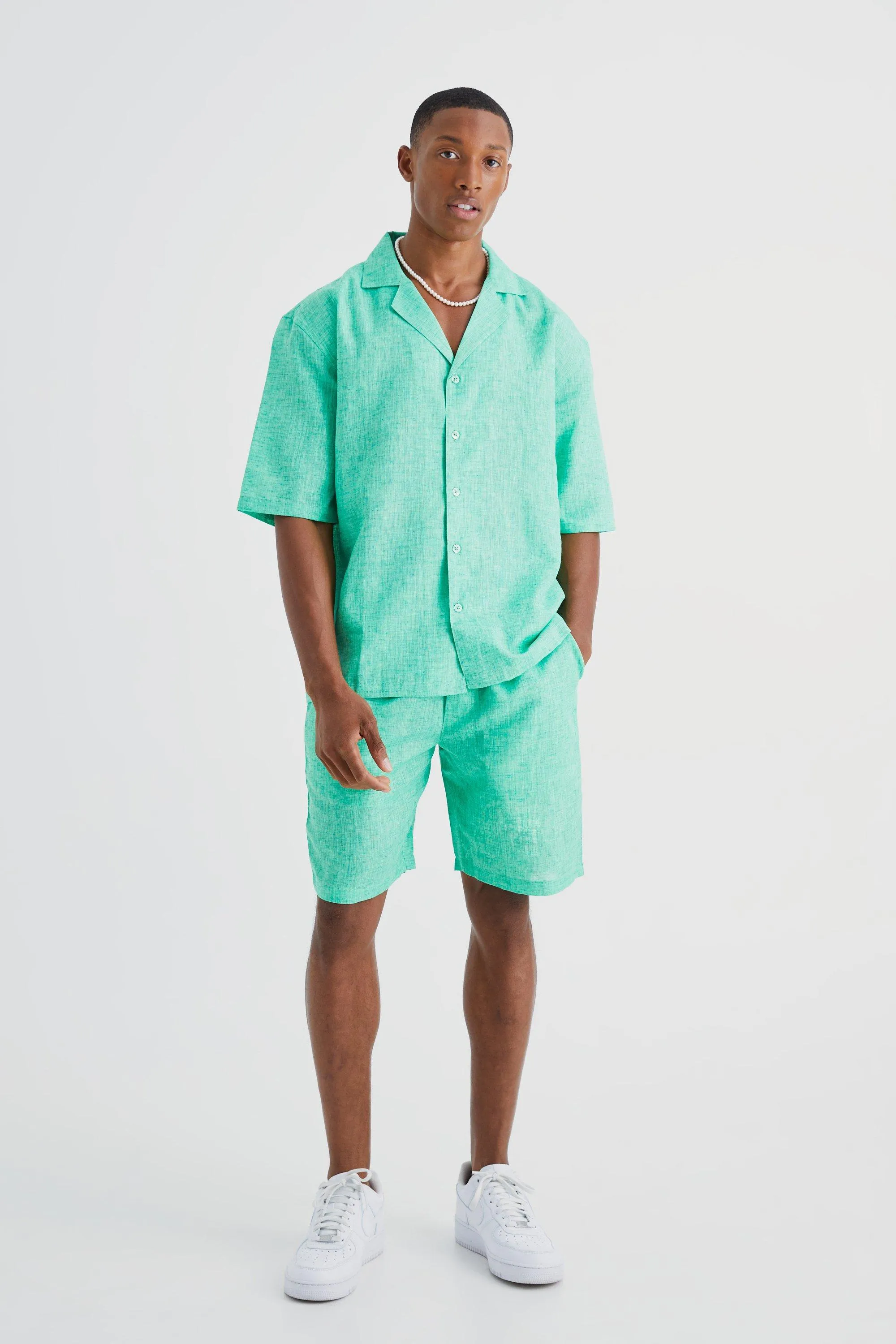 Short Sleeve Drop Linen Look Revere Shirt & Short | boohooMAN UK