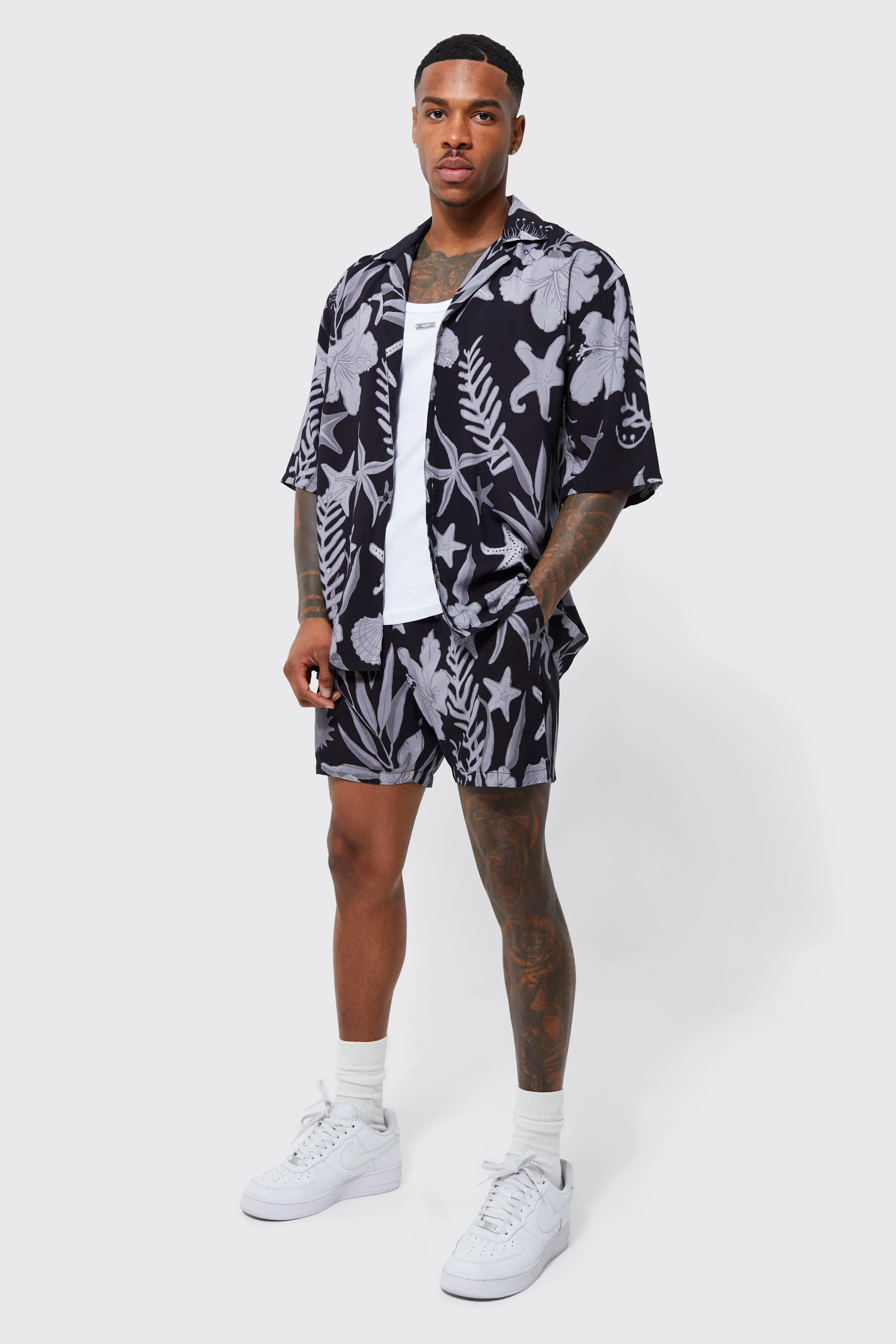 Short Sleeve Dropped Revere Viscose Floral Shirt And Short | boohooMAN UK