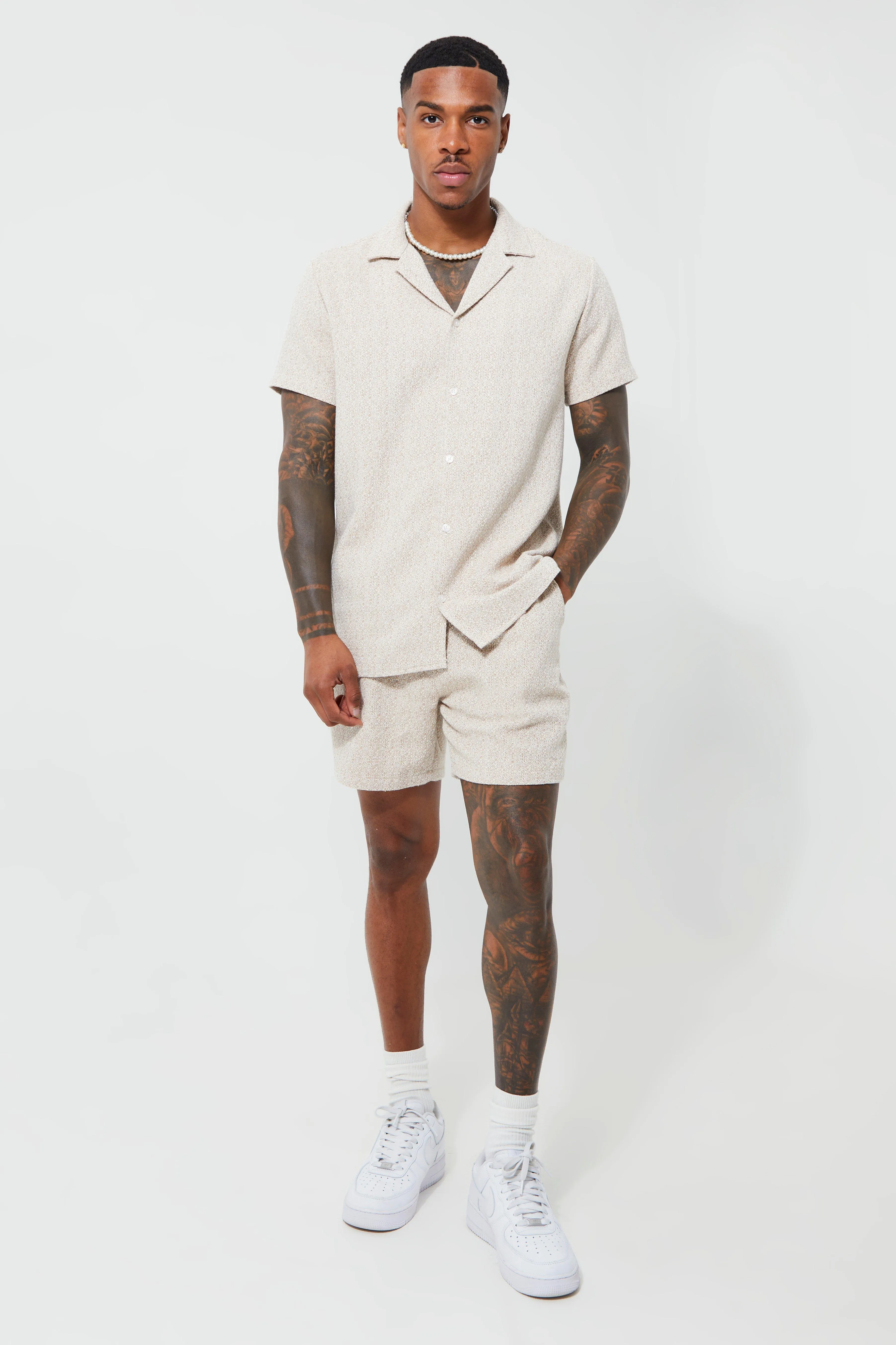 Short Sleeve Revere Boucle Shirt & Short Set | boohooMAN UK