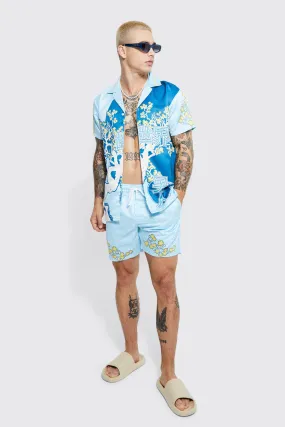 Short Sleeve Satin Scenic Homme Shirt & Short | boohooMAN UK