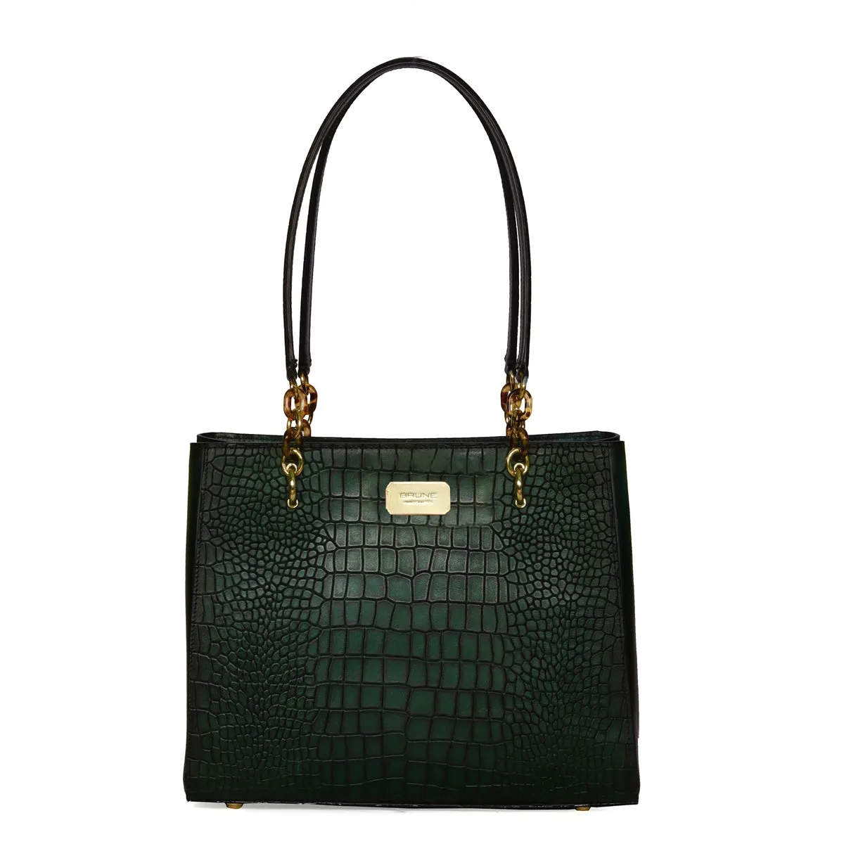 Snap Button Closure Smokey Green Croco Print Leather Ladies Hand Bag