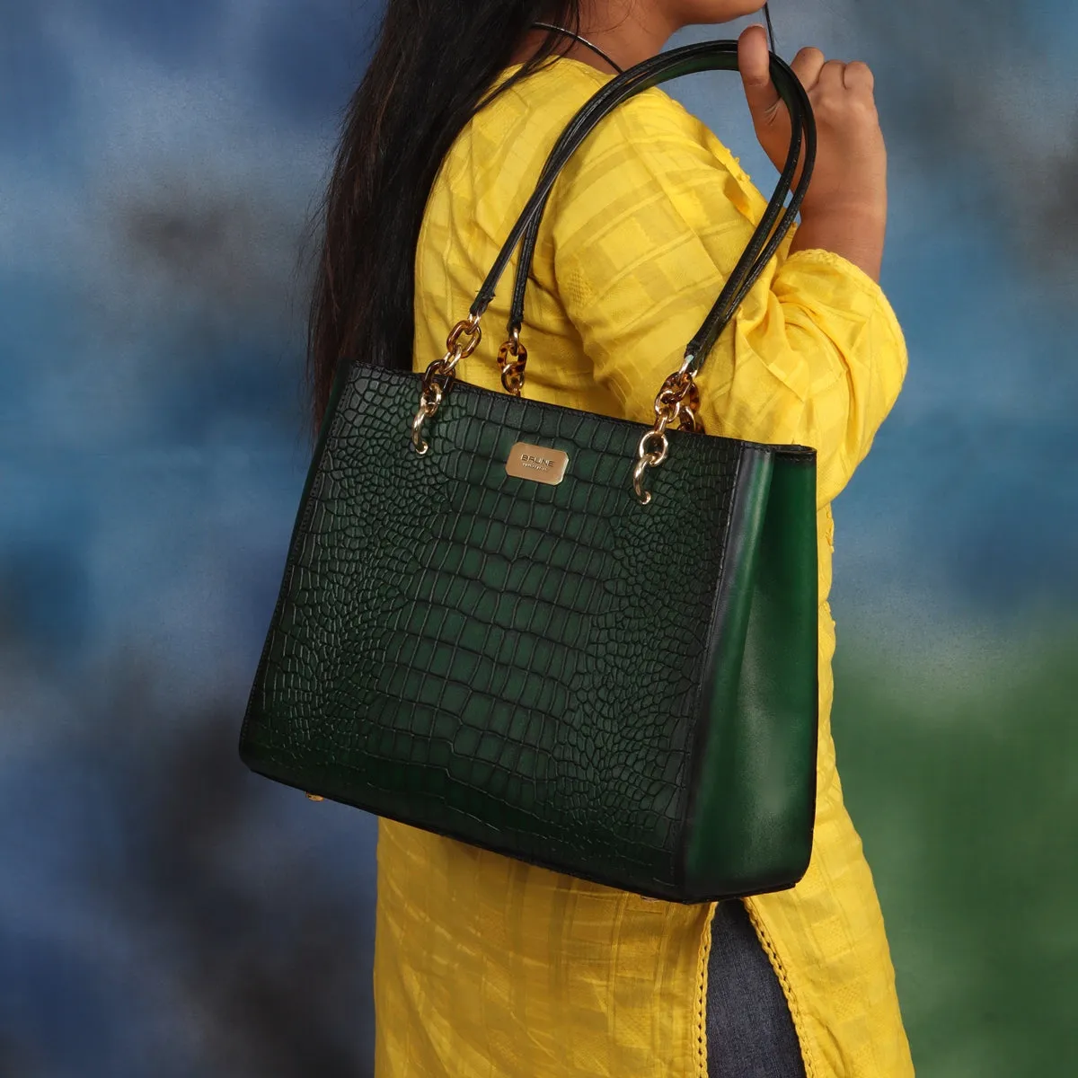 Snap Button Closure Smokey Green Croco Print Leather Ladies Hand Bag