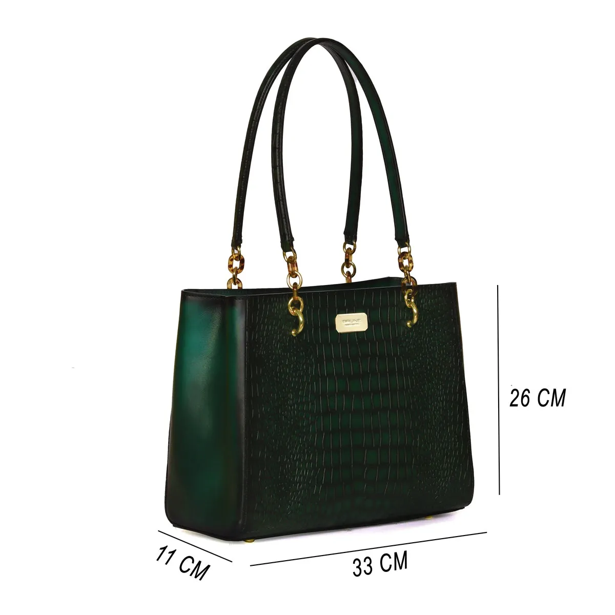 Snap Button Closure Smokey Green Croco Print Leather Ladies Hand Bag