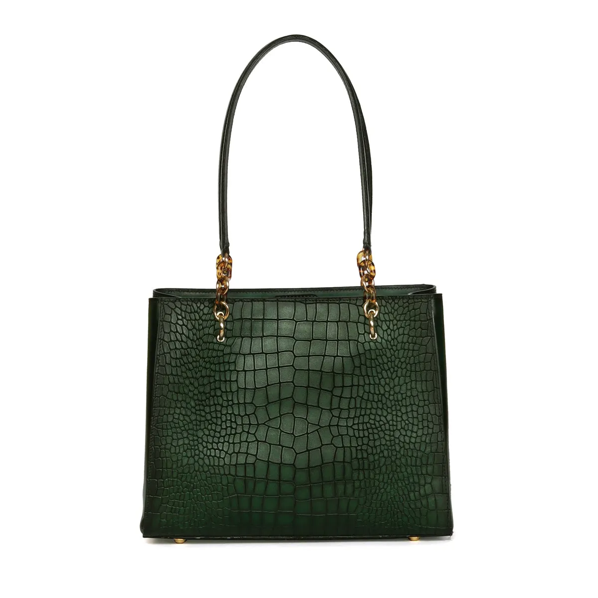 Snap Button Closure Smokey Green Croco Print Leather Ladies Hand Bag