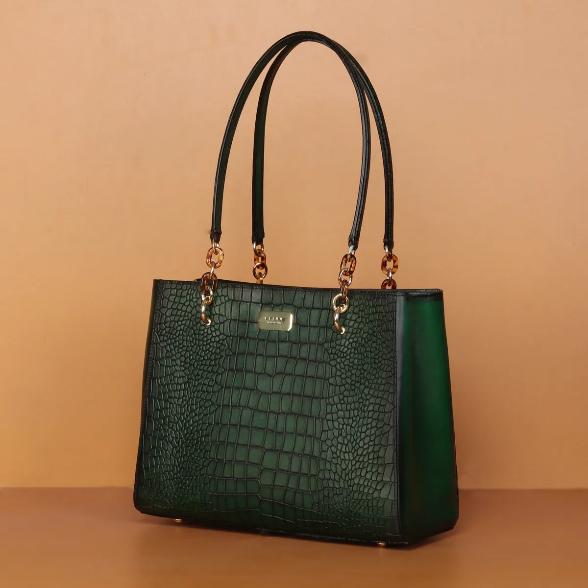 Snap Button Closure Smokey Green Croco Print Leather Ladies Hand Bag