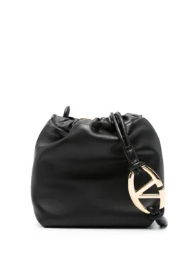 VALENTINO GARAVANI Mini Black Leather VLOGO Bucket Bag with Gold-Tone Detailing for Women