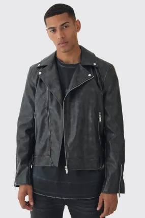 Washed Pu Biker Jacket In Black