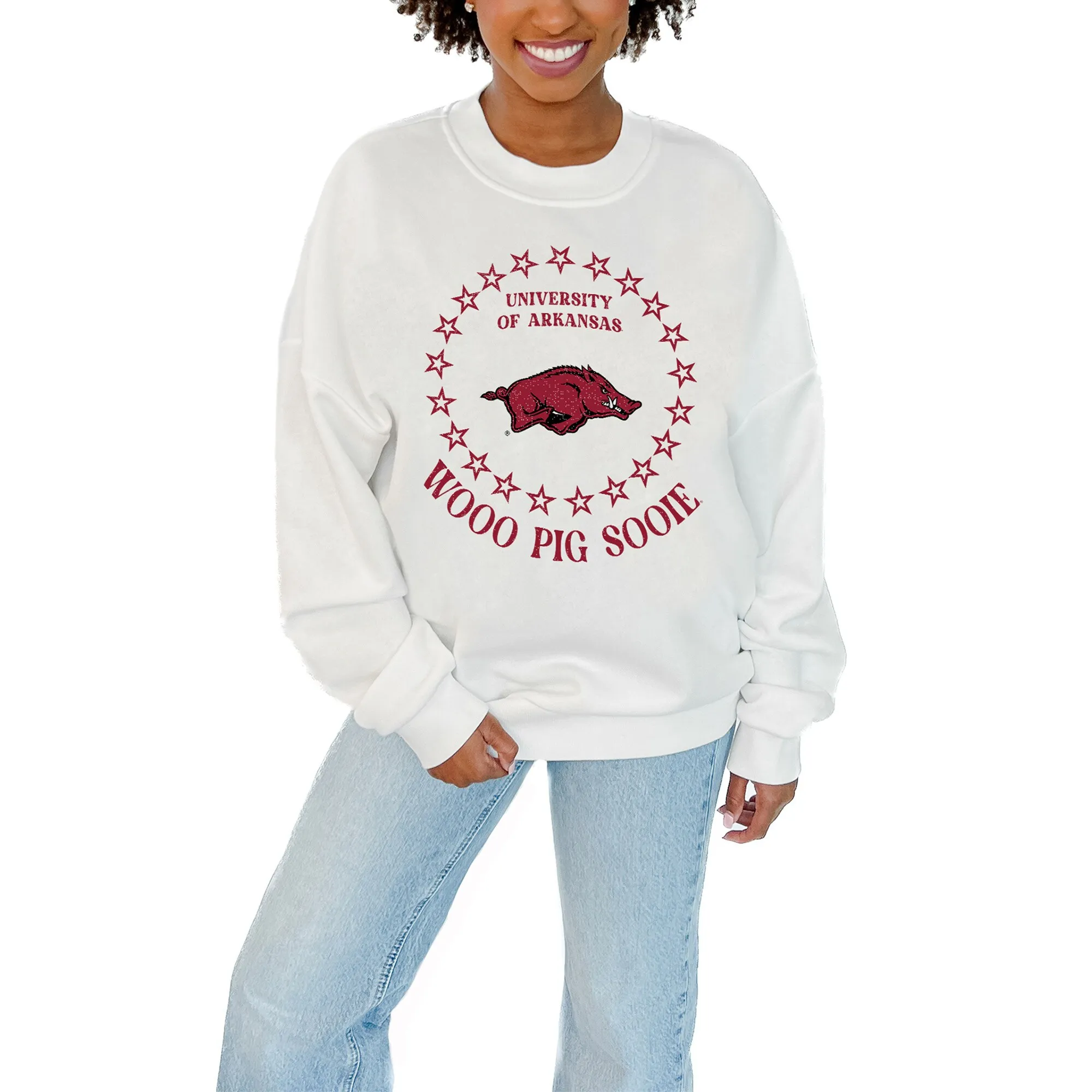 Women's Gameday Couture White Arkansas Razorbacks Stars Premium Fleece Drop Pullover Sweatshirt